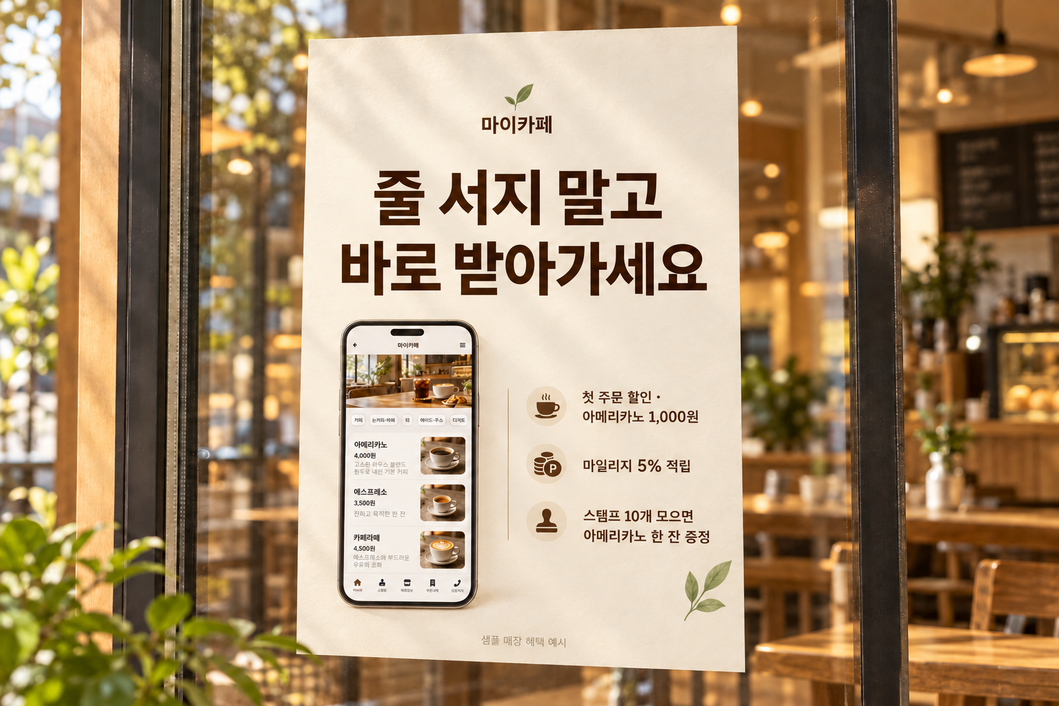 카페 유리창에 마이카페 앱 화면과 혜택을 담은 포스터 한 장을 부착한 목업