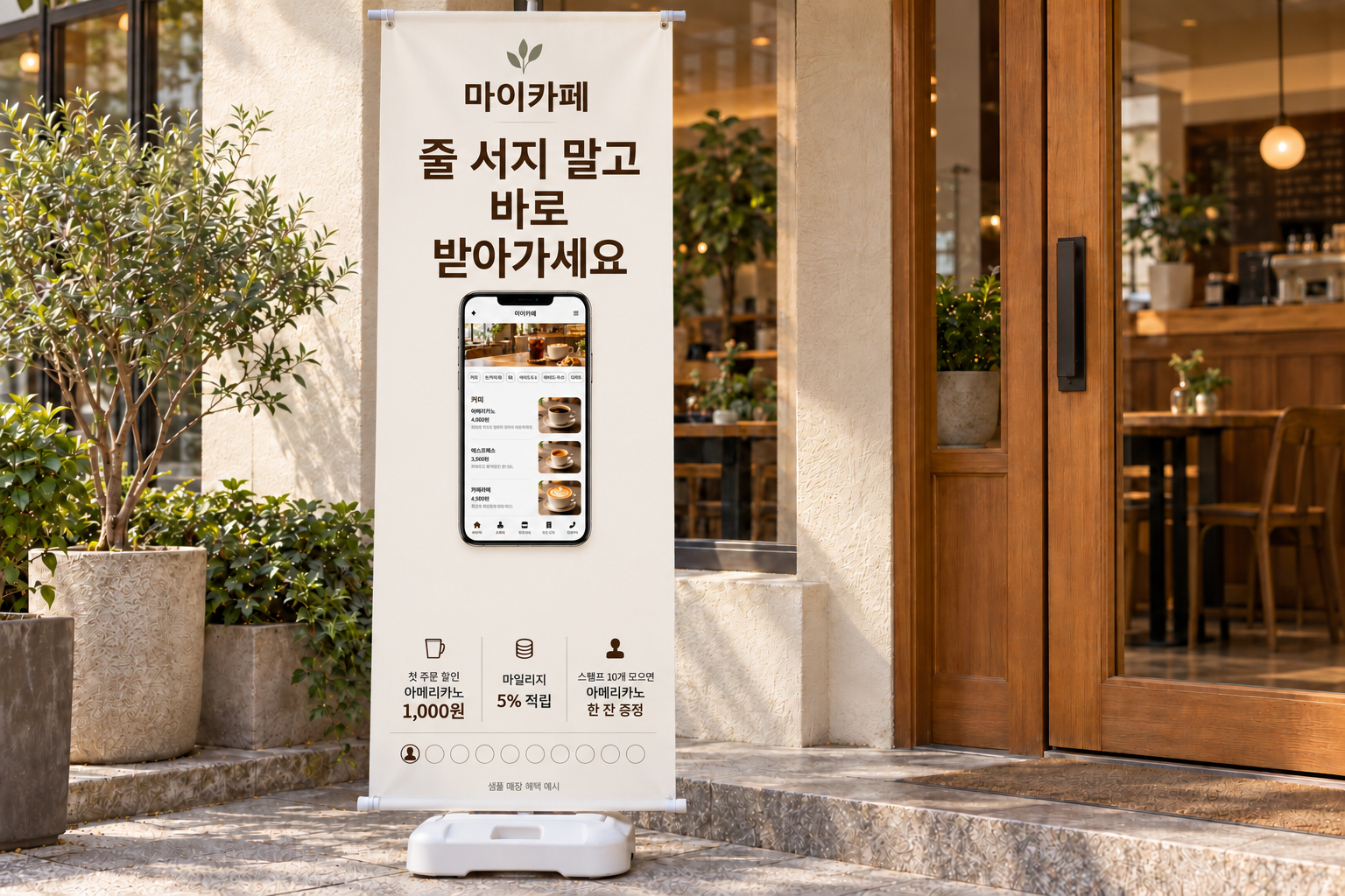 카페 입구 앞에 마이카페 앱 화면과 혜택을 담은 물통 받침 입간판 배너 한 개를 세운 목업